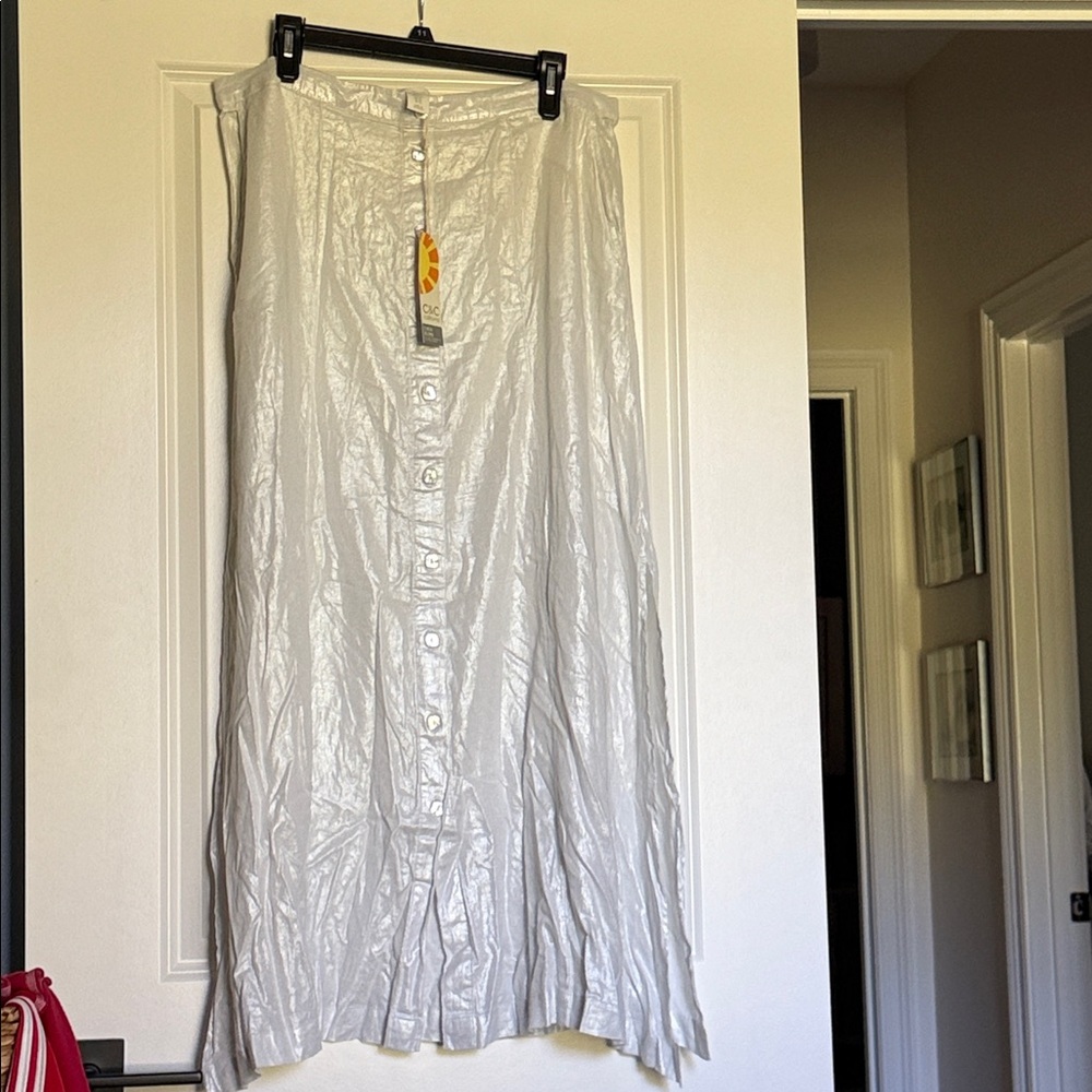 NWT C&C California Silver Button-Down Maxi Skirt linen blend xl